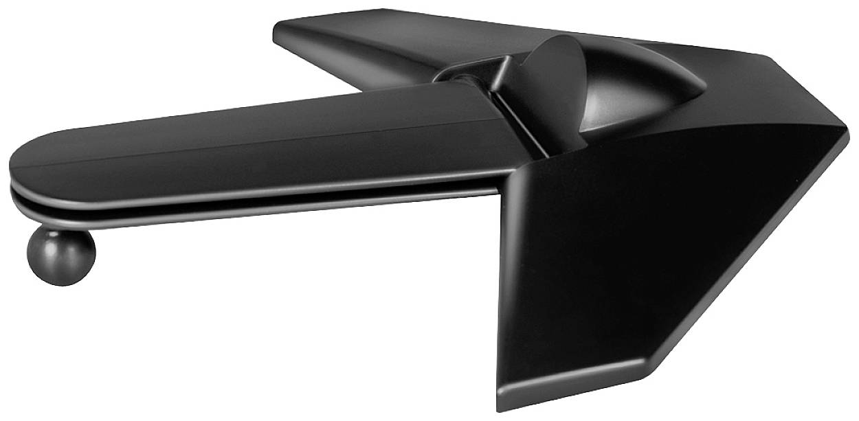 Schwarzes, futuristisches Skateboard mit aerodynamischem Design und einzelner Kugel als Rad.