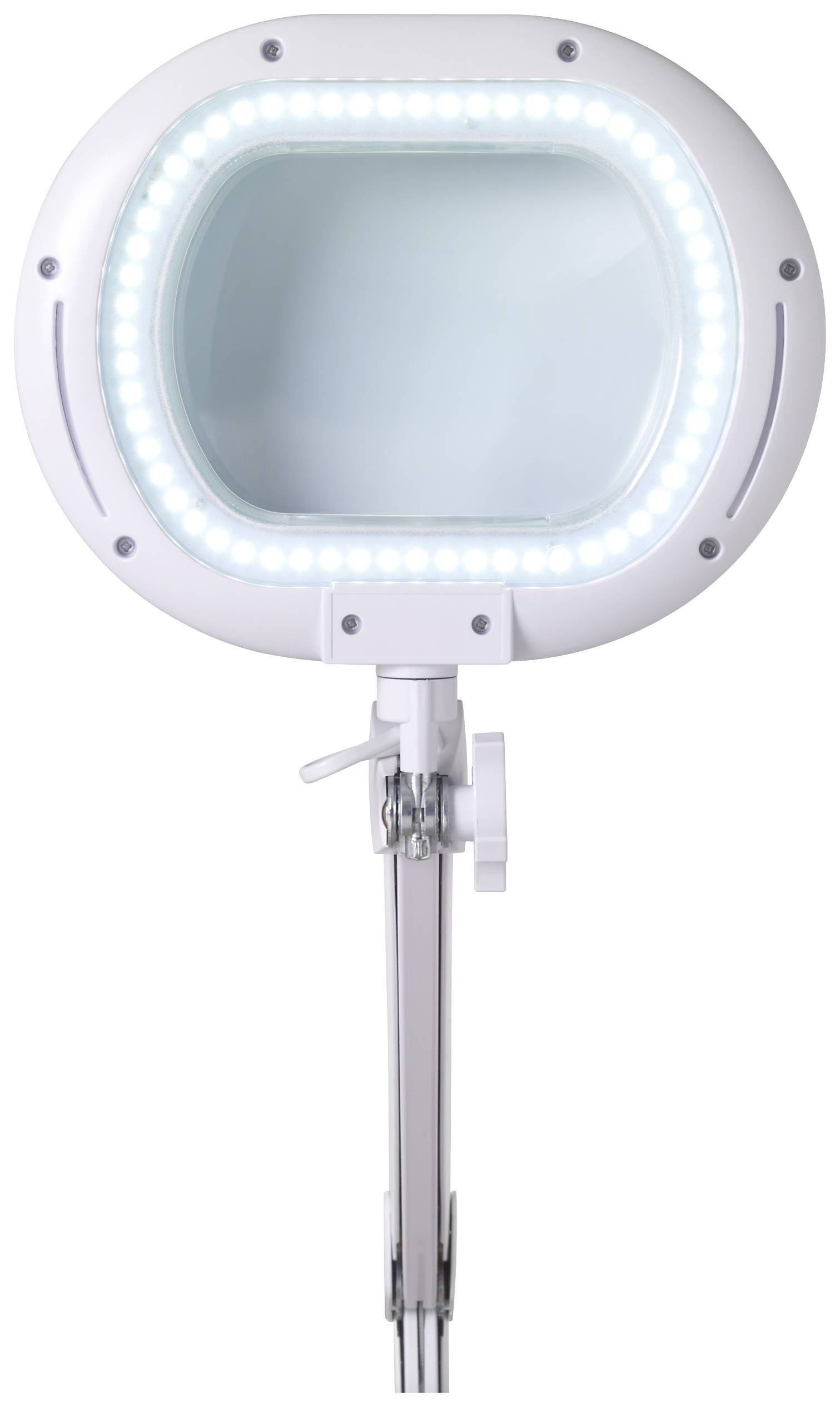 Runde, verstellbare Lupenleuchte mit integrierten LEDs zur Vergrößerung und Beleuchtung kleiner Objekte in Arbeits- oder Hobbybereichen.