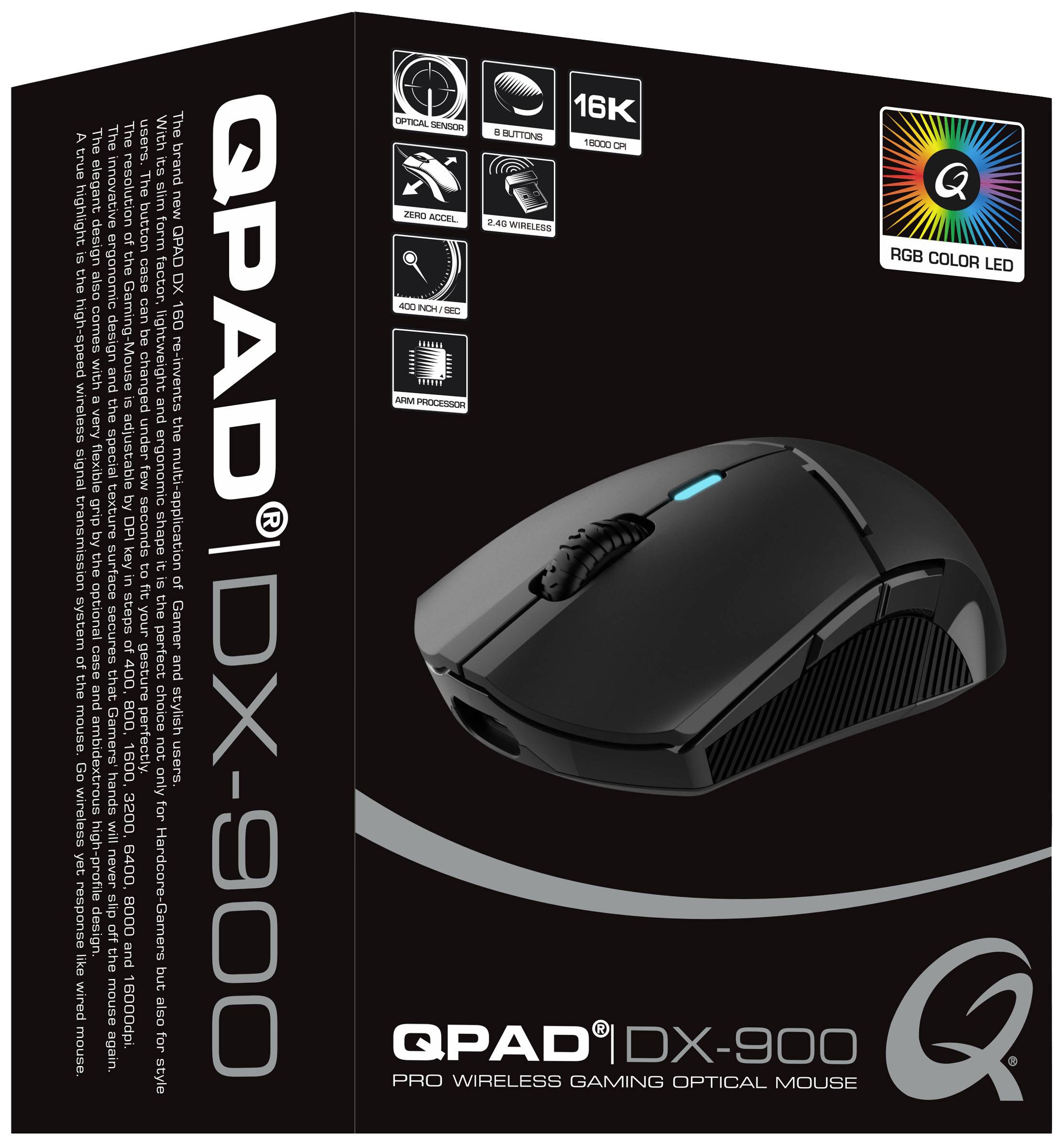 Qpad DX-900 - Maus - rechts- und linkshändig - optisch - 8 Tasten - kabellos, kabelgebunden - 2.4 GHz - kabelloser Empfä-0
