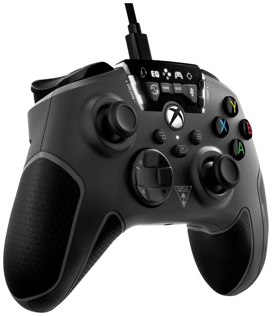 Schwarzer Gaming-Controller mit vielen Tasten, Kabelverbindung oben und ergonomischem Design für komfortables Spielerlebnis.