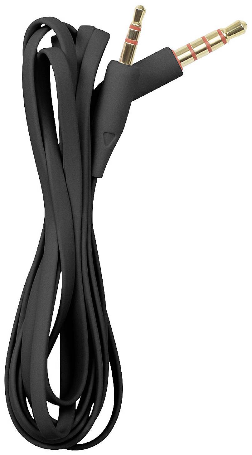Ein schwarzes Audiokabel mit zwei goldfarbenen 3,5-mm-Steckern an den Enden, ordentlich aufgerollt.