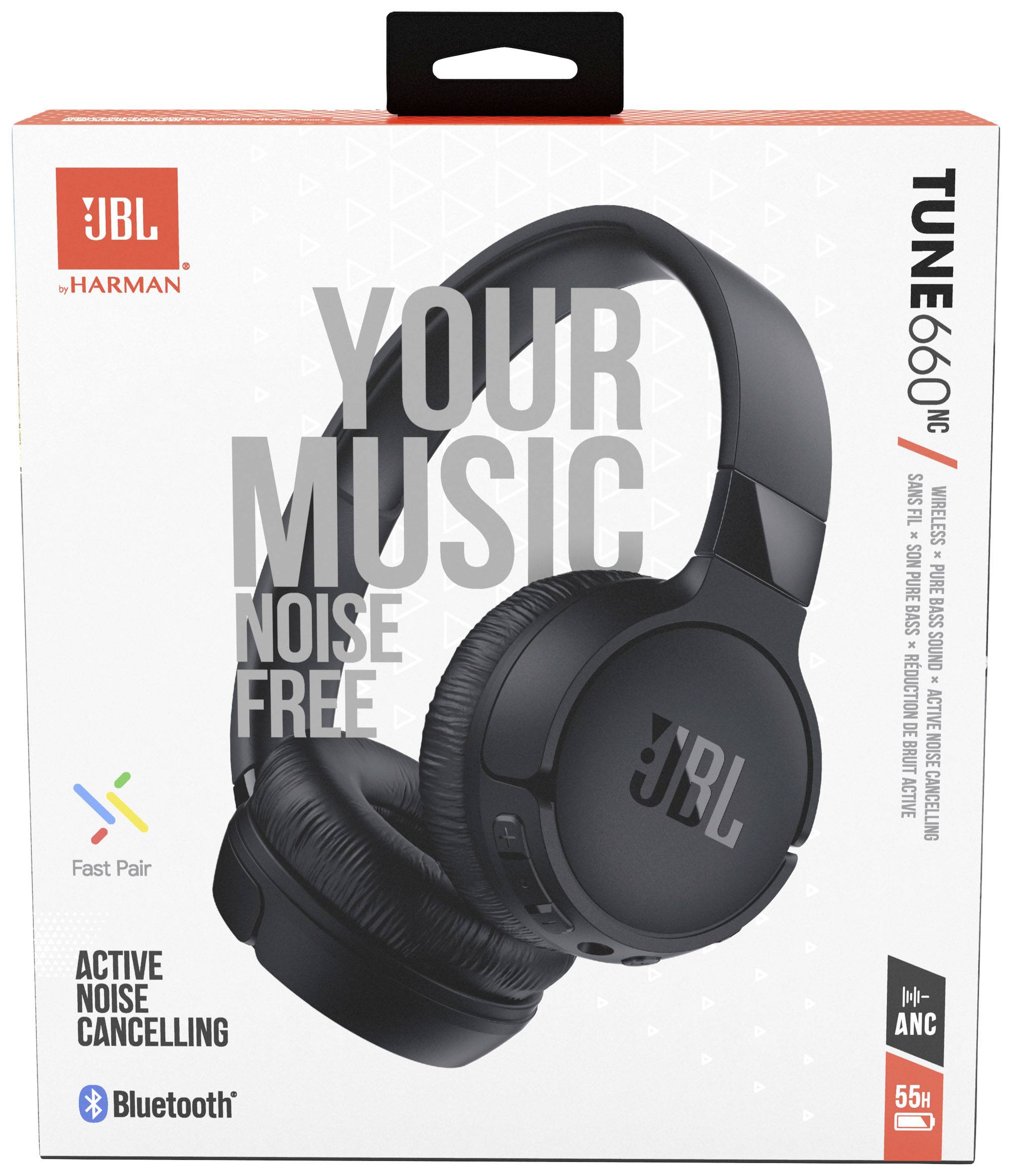 Verpackung eines schwarzen kabellosen JBL-Kopfhörers Tune 660NC mit aktiver Geräuschunterdrückung. Enthält Details wie 'Fast Pair' und Bluetooth.