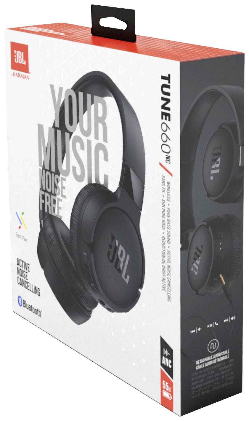 'TUNE 660NC' JBL-Kopfhörer-Verpackung. Schwarze Over-Ear-Kopfhörer, aktive Geräuschunterdrückung, Bluetooth, 55 Stunden Akkulaufzeit.