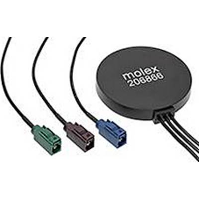 Drei farbcodierte Steckerverbindungen – grün, kastanienbraun und blau – neben einem schwarzen runden Molex-Modul 208886 mit angeschlossenen Drähten.