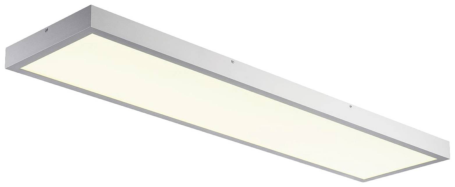Ein rechteckiges, flaches LED-Deckenpaneel in silberner Umrandung, das gleichmäßiges, warmweißes Licht ausstrahlt.