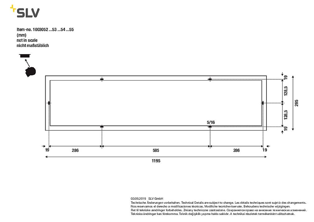 Technische Zeichnung einer rechteckigen Leuchte mit Maßen in Millimetern. Oben links: 'Item-no. 1000522...53...54...55'.