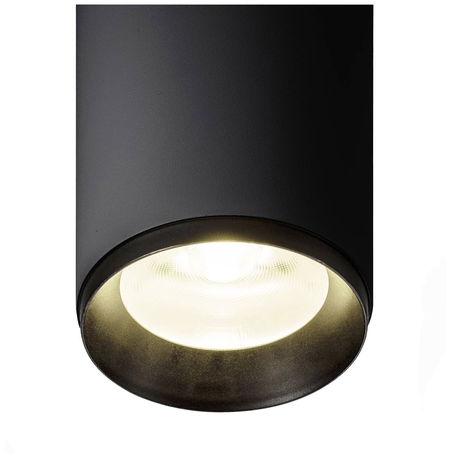 Schwarze zylindrische Deckenleuchte strahlt helles Licht aus. Ideal für moderne Innenräume.