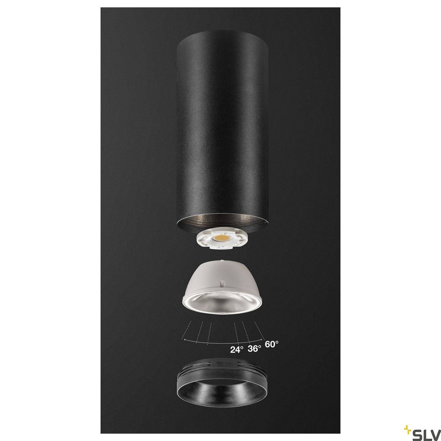 Schwarze zylindrische Deckenleuchte in Einzelteilen, bestehend aus Gehäuse, LED-Einsatz, Reflektor und Abdeckung mit einstellbarem Winkel.