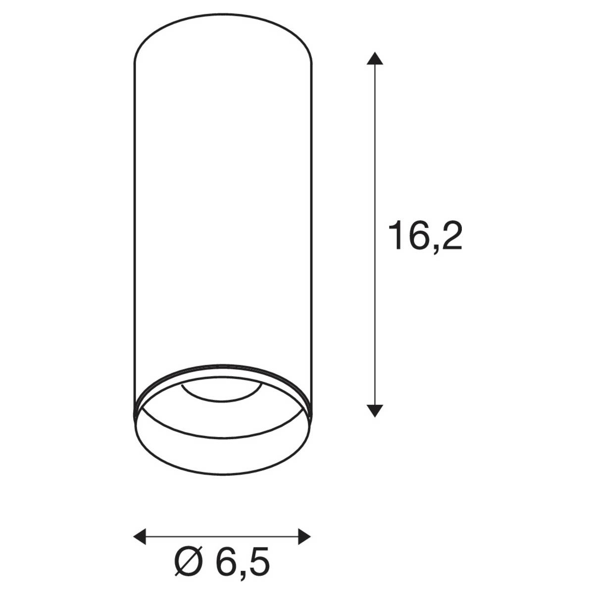 Technische Zeichnung eines zylindrischen Objekts mit einem Durchmesser von 6,5 cm und einer Höhe von 16,2 cm.