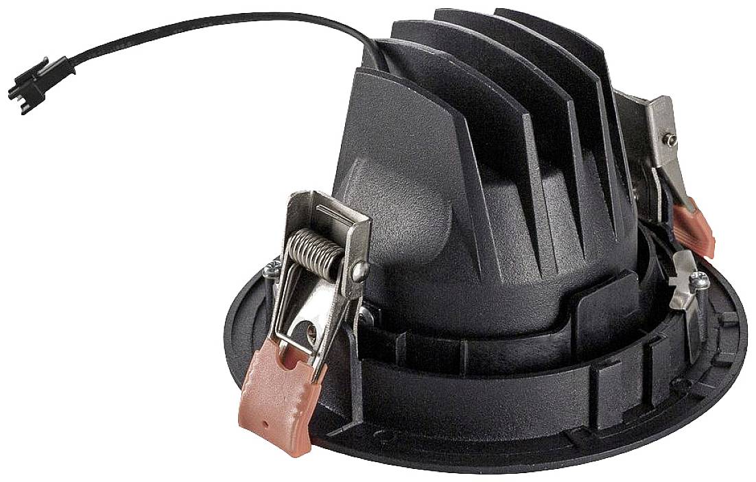 Einbauleuchte in schwarzem Gehäuse mit zwei Halteklammern und Kabelverbindung, geeignet für Deckenmontage.