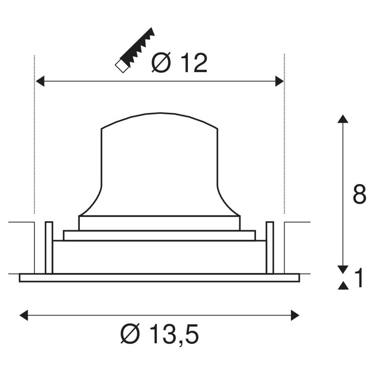 Diagramm eines zylinderförmigen Objekts mit oberen Durchmesser 12 mm, unteren Durchmesser 13,5 mm, Höhe 8 mm, Sockelhöhe 1 mm.