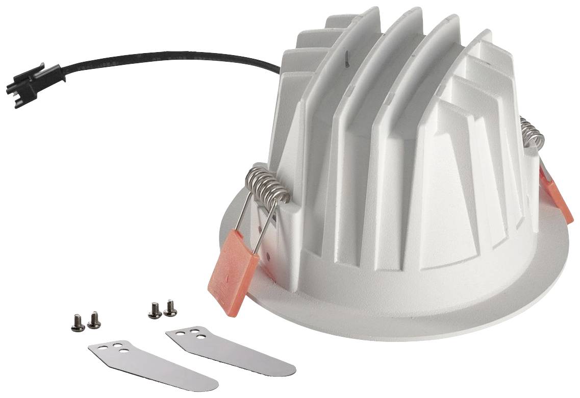 Weiße LED-Einbauleuchte mit Kabel, Montageklemmen und Schrauben. Rückansicht zeigt Kühlrippen zur Wärmeableitung.