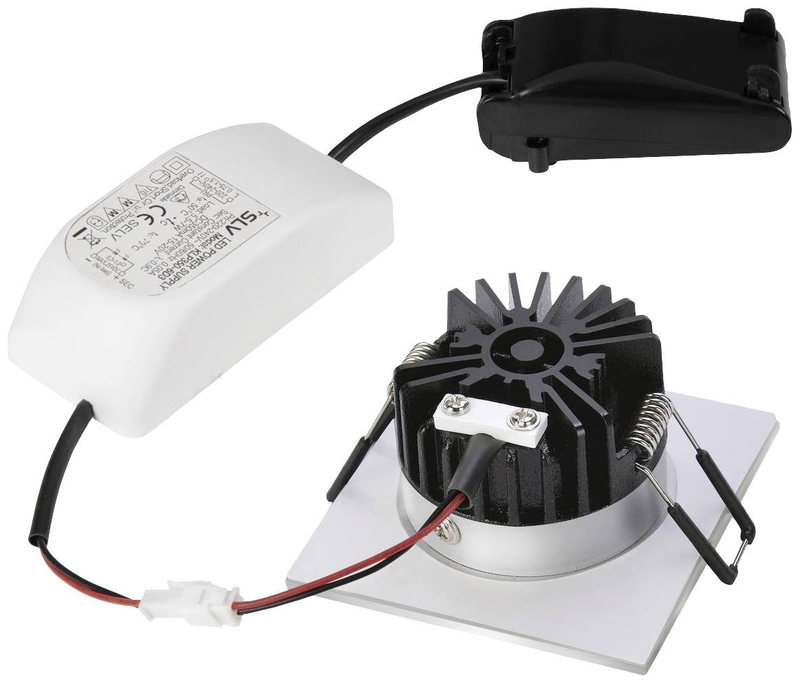 LED-Einbauspot mit Kühlkörper und Anschlusskabeln. Ideal für Deckenmontage in Innenräumen. Energieeffiziente Beleuchtungslösung.