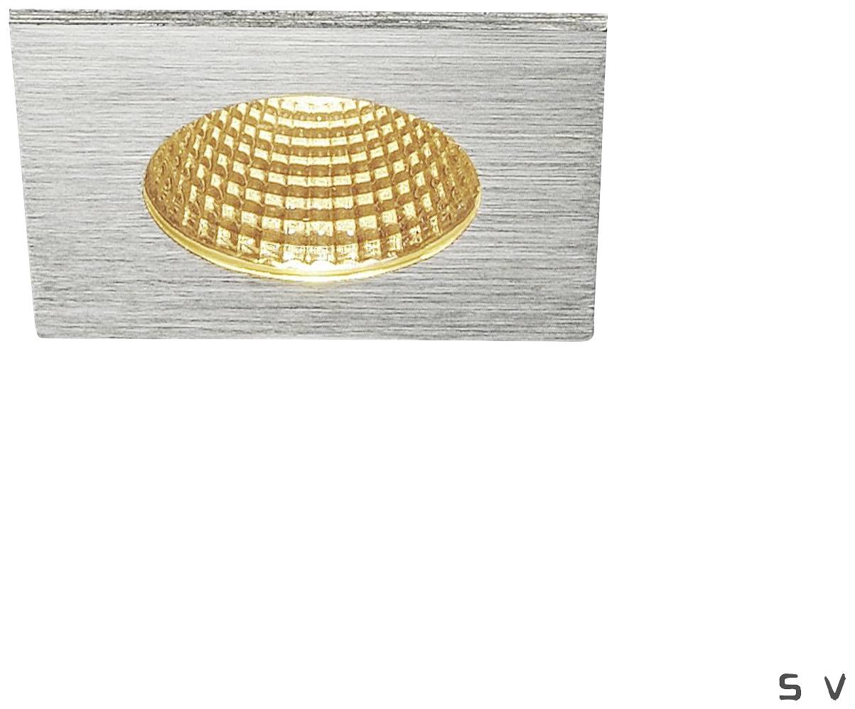 Rechteckige Deckenleuchte aus gebürstetem Metall, mit einer zentralen, runden, goldenen Lampe im Gitterdesign, die leuchtet.