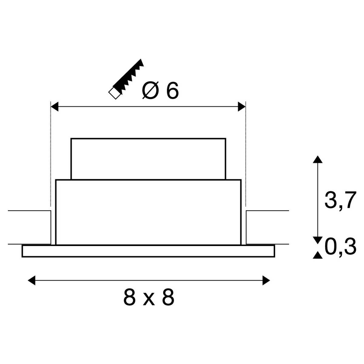 Technische Zeichnung: Seitenansicht eines Objekts mit Maßen 8x8, Durchmesser Ø6, Gesamthöhe 3,7, und Basisdicke 0,3.
