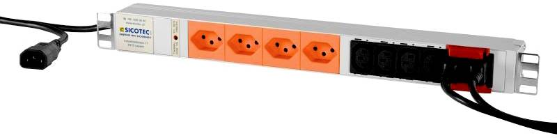 Mehrfachsteckdosenleiste mit vier orangefarbenen und vier schwarzen Steckplätzen, geeignet für Schuko- und IEC-Stecker.