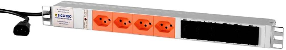 Mehrfachsteckdose mit vier roten Steckplätzen und einem schwarzen Netzkabel, geeignet für den Einsatz in Rack-Systemen.