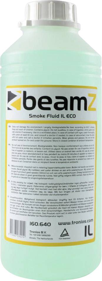 Eine Flasche mit 'beamZ Smoke Fluid IL ECO' Etikett. Enthält Rauchflüssigkeit für effektvolle Nebeleffekte, umweltfreundlich.