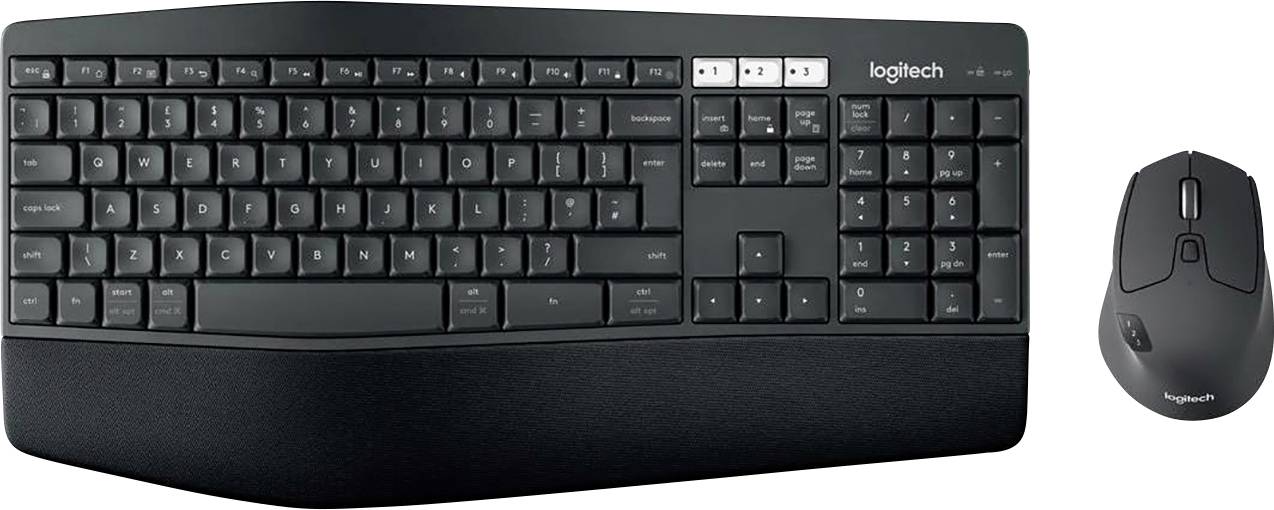 Kabellose schwarze Tastatur und Maus-Set, ergonomisches Design, geeignet für Büro- und Heimgebrauch. Logitech-Logo sichtbar.