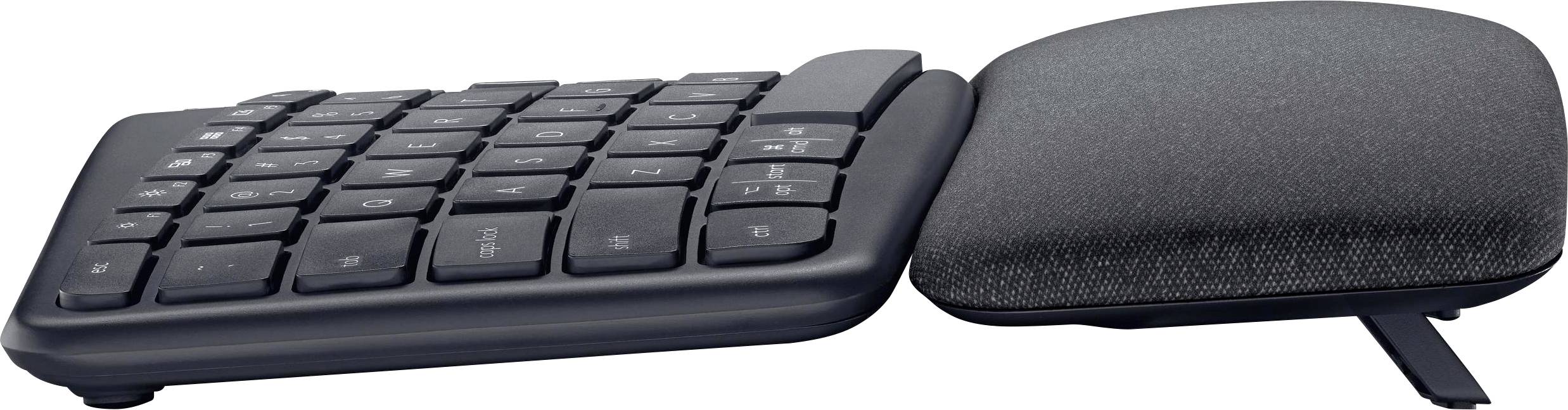 Flache schwarze Computermaus neben einer kompakten, schnurlosen Tastatur. Beide Geräte haben ein modernes Design und sind tragbar.
