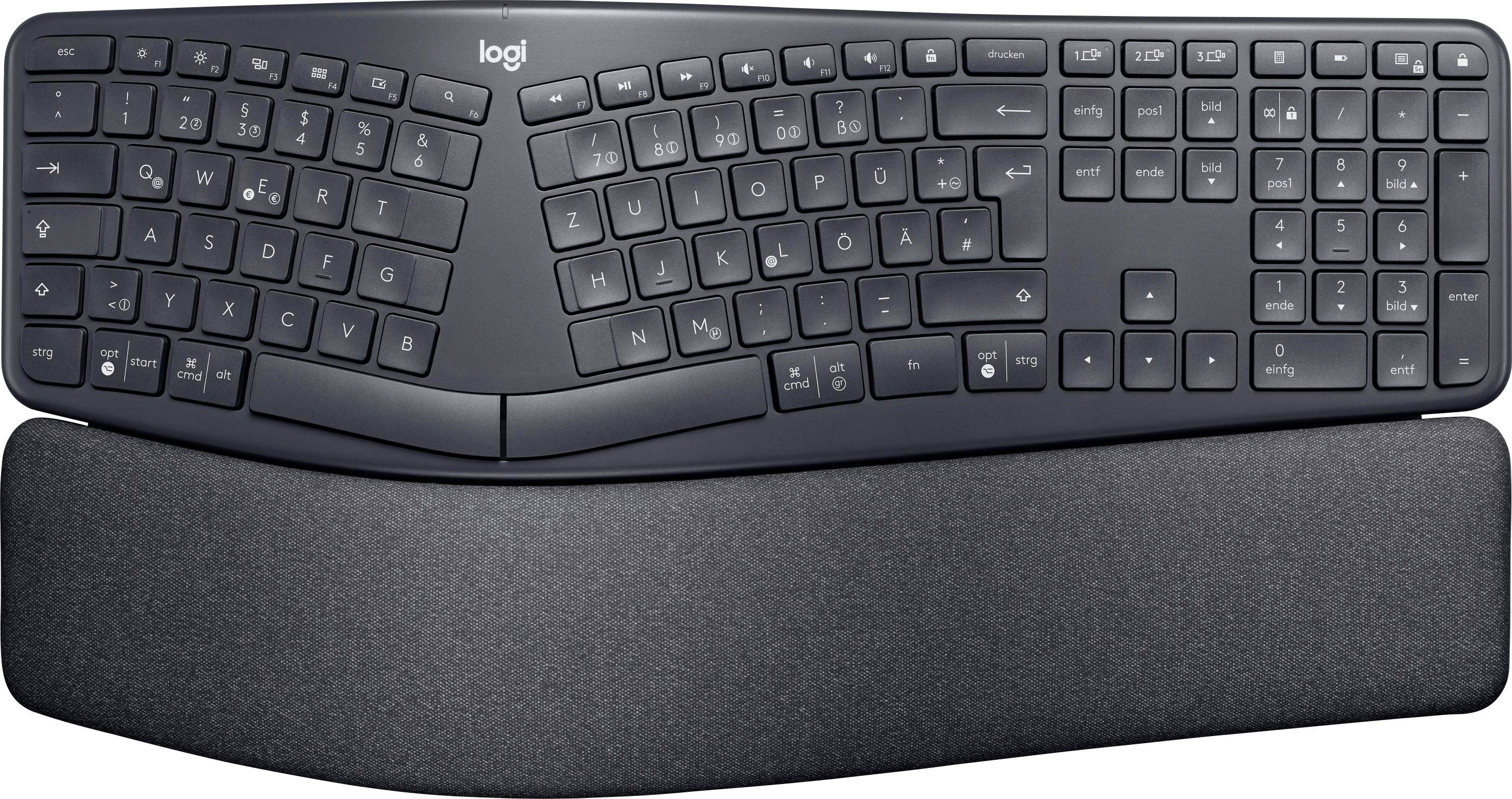 Ergonomische Tastatur mit geteiltem Design und gepolsterter Handballenauflage zur Unterstützung beim Tippen und zur Reduzierung der Belastung.