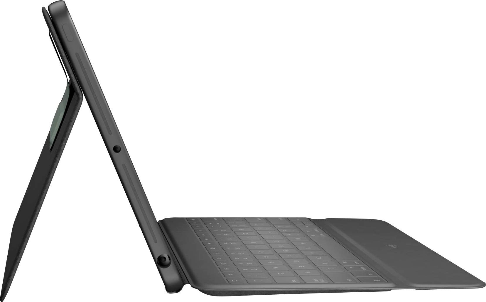 Flacher, schwarzer Laptop im Profil, leicht geöffnet mit beleuchteter Tastatur und integriertem Stifthalter.