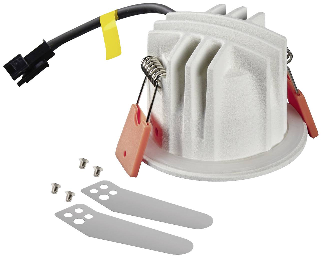 LED-Einbaustrahler in Weiß mit Kabel und gelbem Band, zwei Metall-Clips, drei Schrauben und zwei Montagehalterungen.