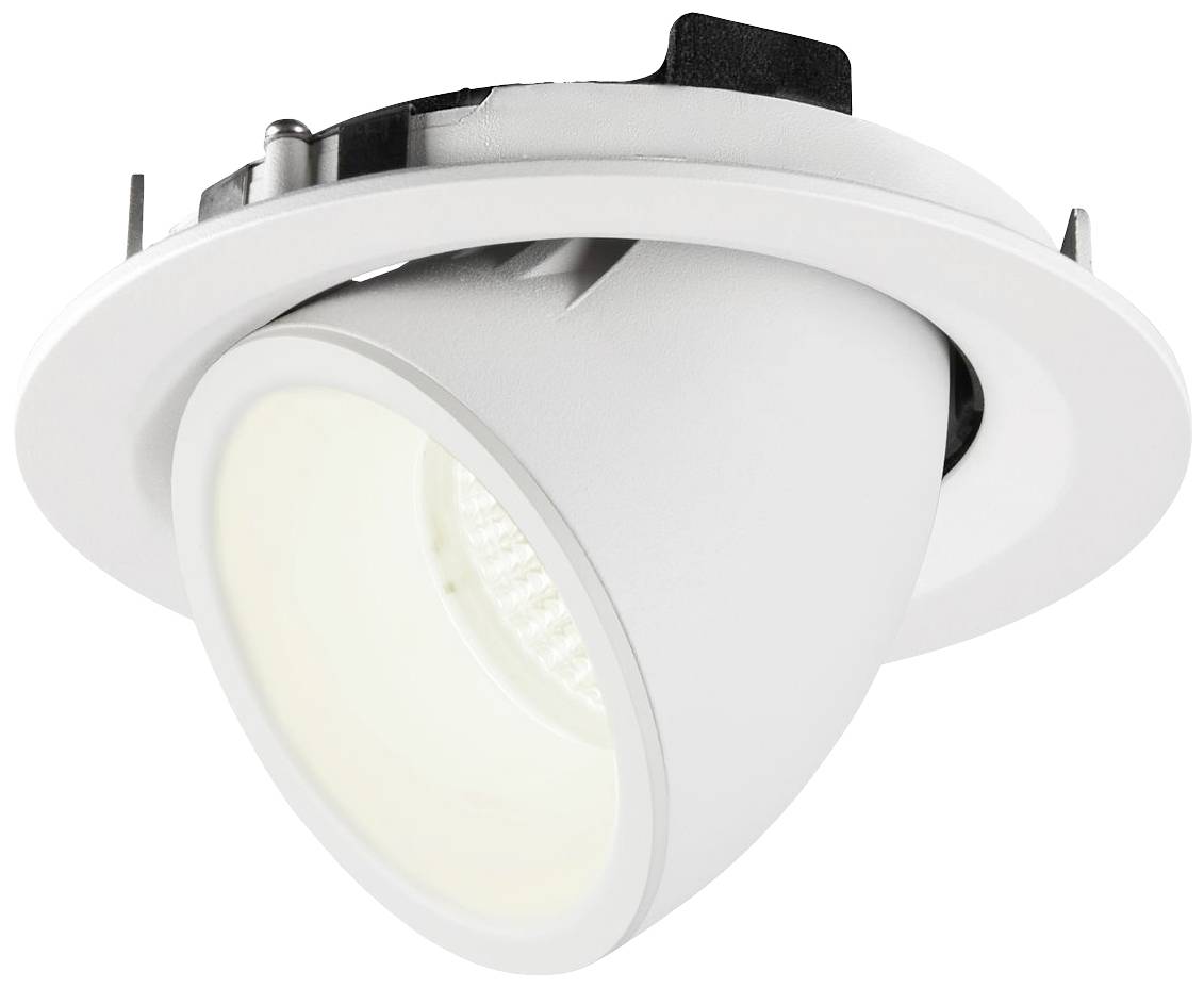 Ein weißer, schwenkbarer Einbaustrahler mit modernem Design, geeignet für gezielte Beleuchtung in Wohn- und Geschäftsbereichen.