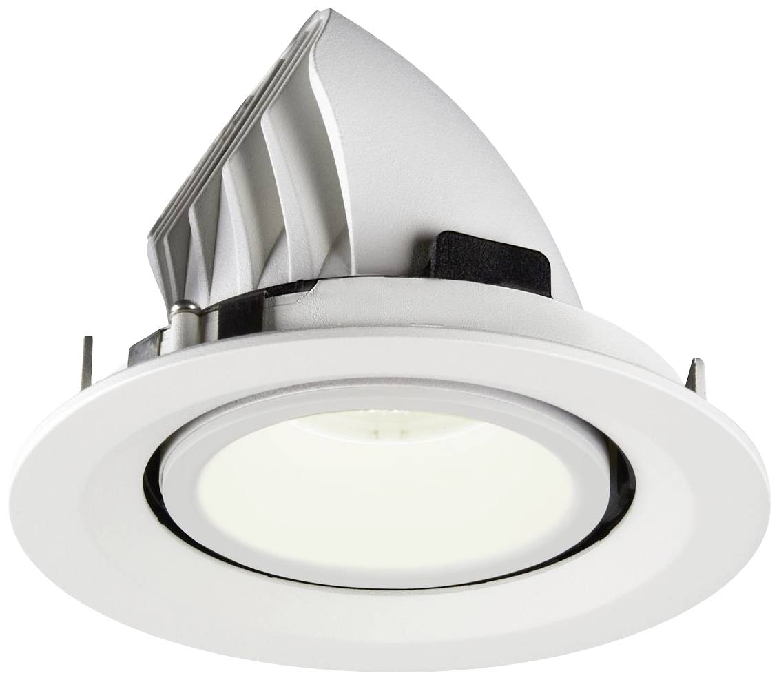 Ein runder, weißer LED-Deckenstrahler mit einem kühlenden Aluminiumgehäuse.