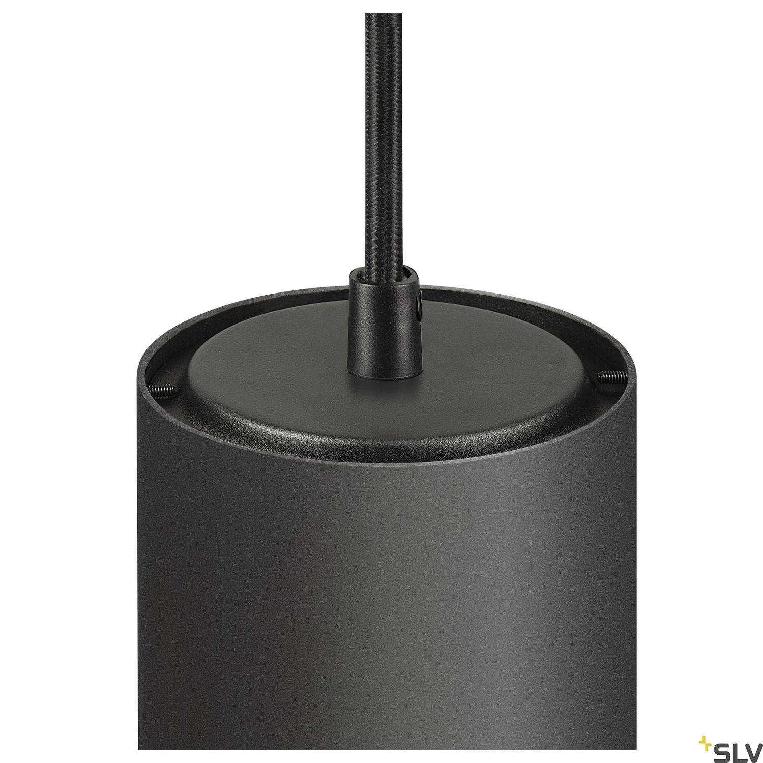 Schwarze zylindrische Pendelleuchte aus Metall mit Kabelaufhängung im minimalistischen Design.