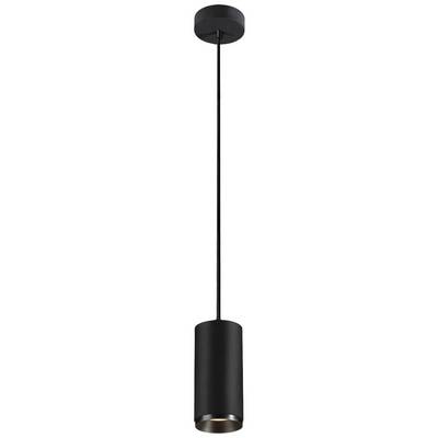 Schwarze Hängeleuchte mit zylindrischem Lampenschirm, schlichtes Design, aufgehängt an einem dünnen Kabel. Geeignet für moderne Innenräume.