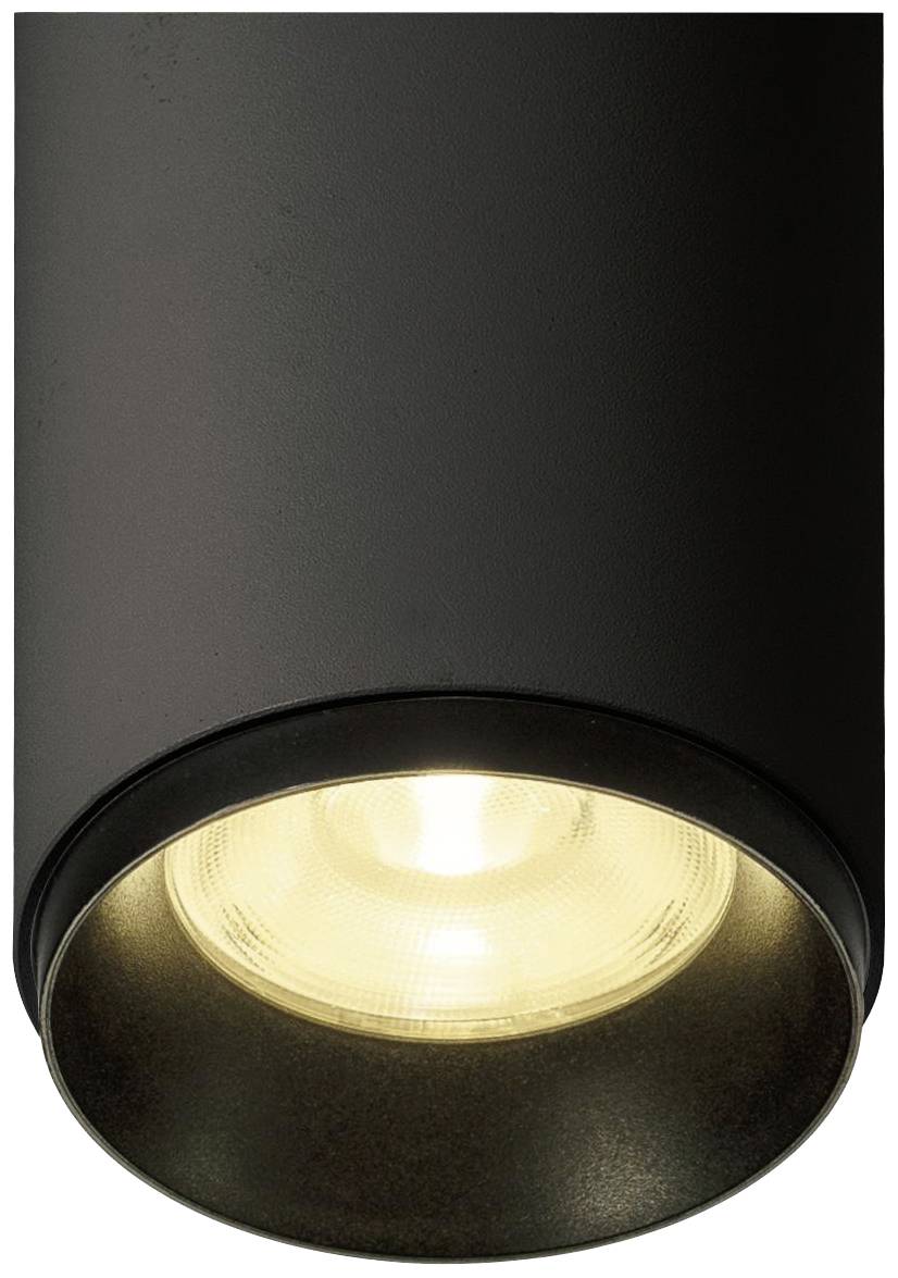 Schwarze Deckenleuchte mit zylindrischem Design und warmweißem Lichtstrahl.