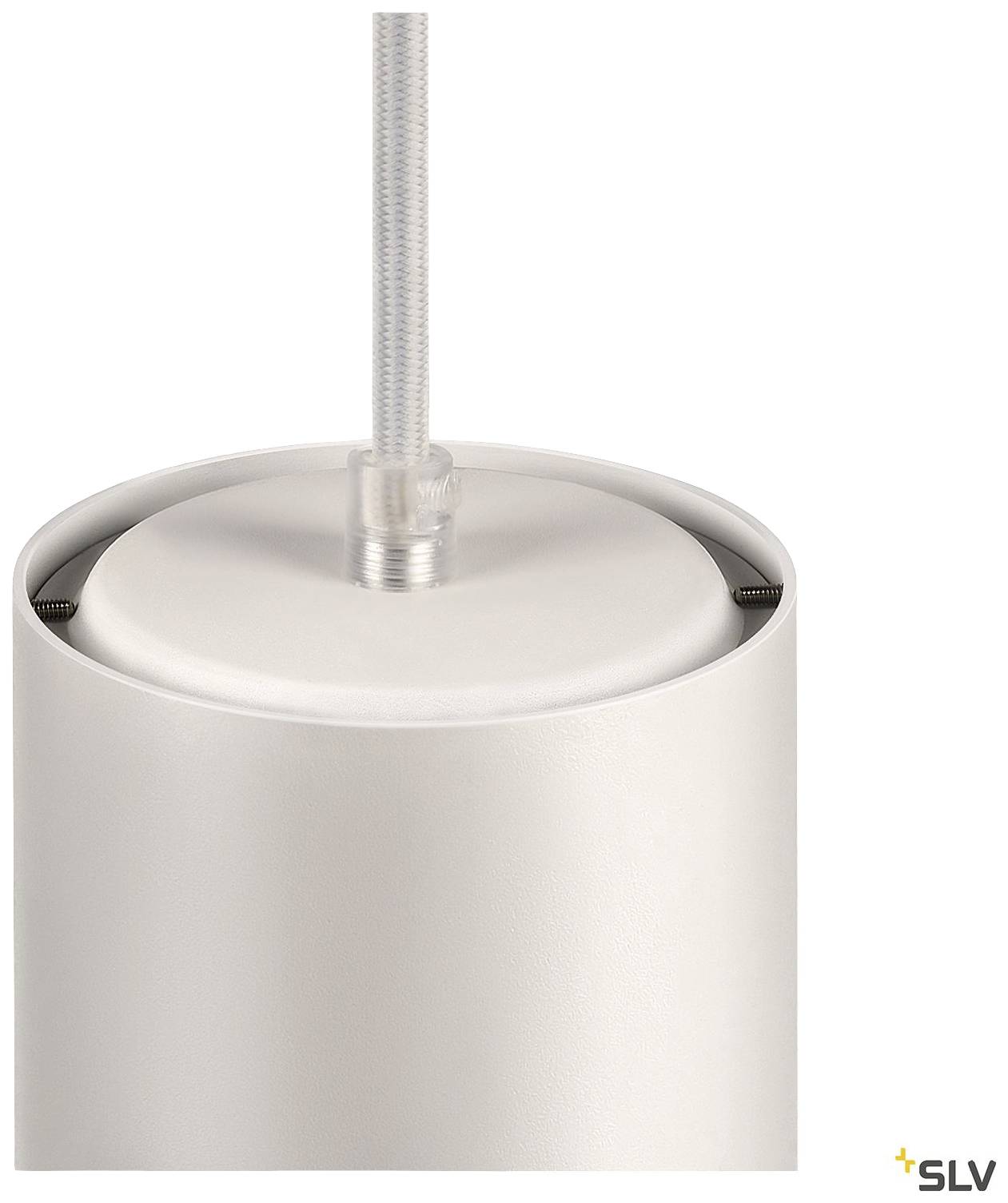 Kompakte, zylindrische Hängeleuchte in Weiß mit silbernem Kabel, modern und minimalistisch für Innenbeleuchtung geeignet.