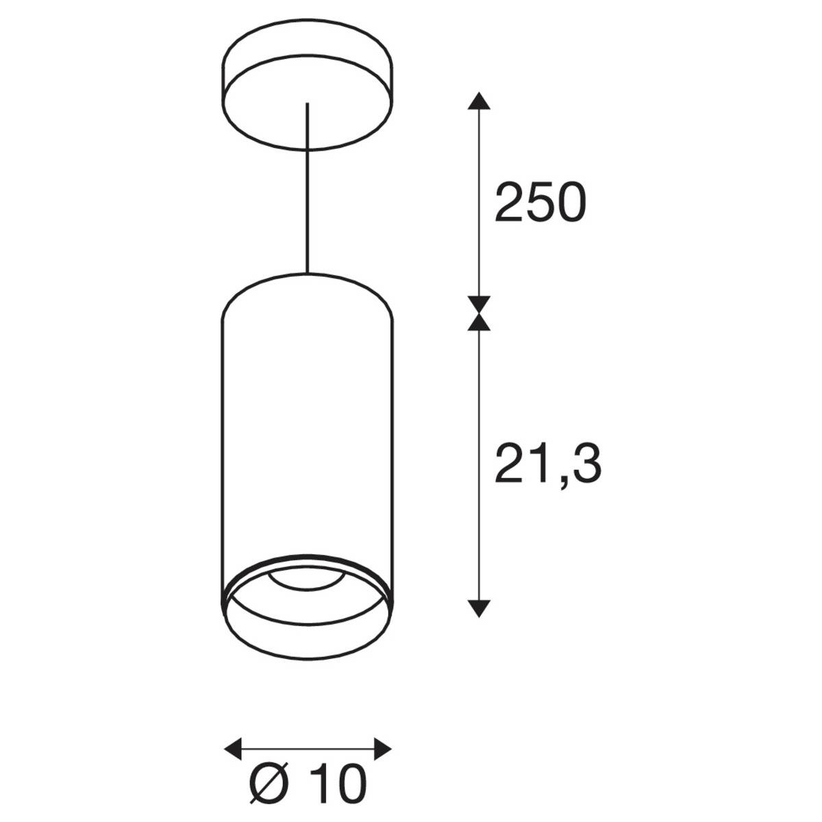Diagramm einer zylindrischen Deckenleuchte. Maße: Durchmesser 10 cm, Höhe 21,3 cm, Gesamtlänge von Decke bis Leuchtenende 250 cm.