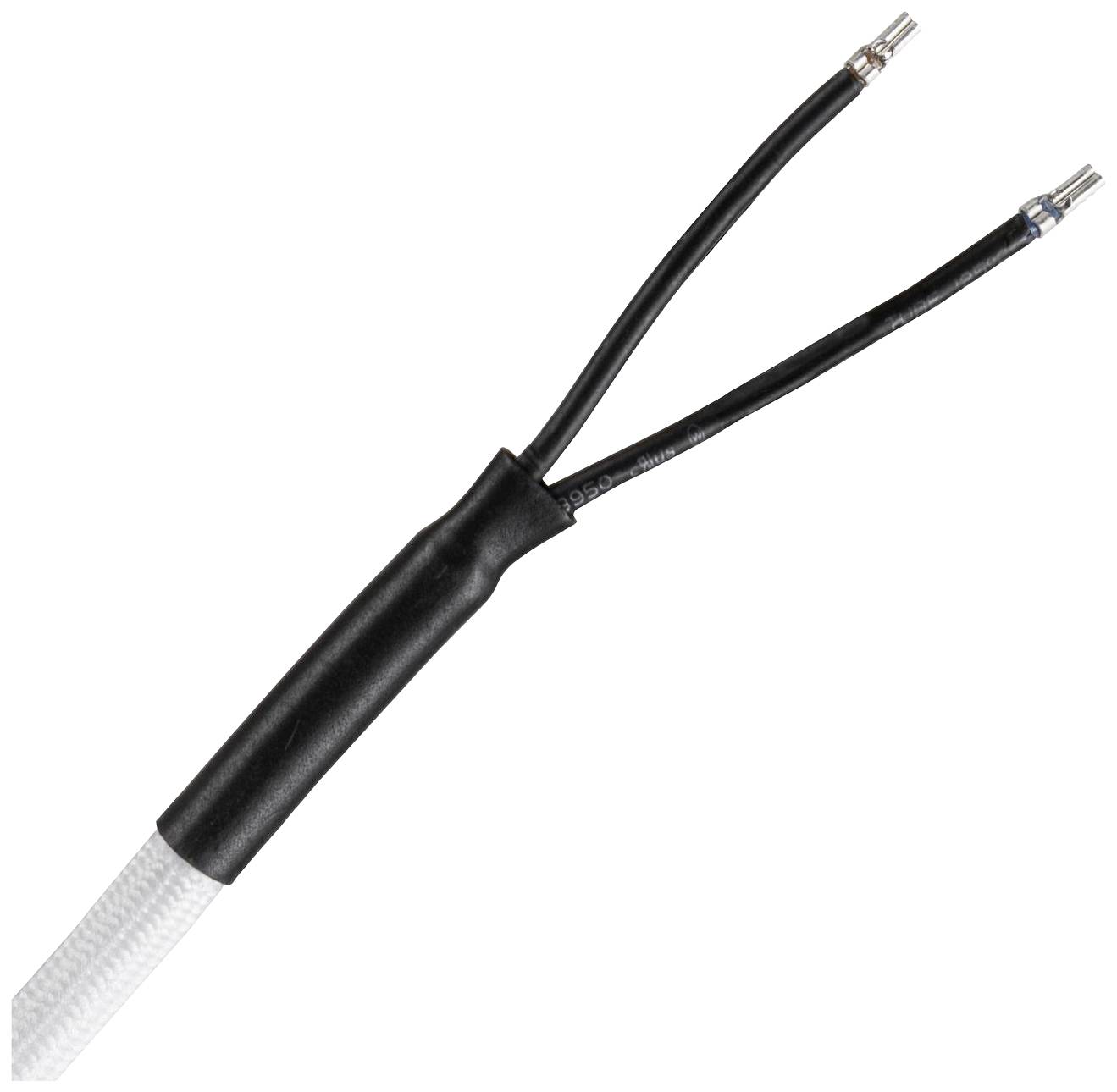 Ein gespaltenes schwarzes Kabel mit zwei Enden, jeweils mit freiliegenden Kupferdrähten. Kabel ist in einem weißen Schutzmantel.