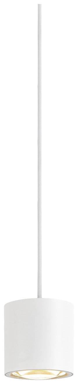 Weiße Pendelleuchte mit schlichtem zylindrischem Schirm, hängt an dünnem Kabel. Minimalistisches Design, geeignet für moderne Einrichtungen.