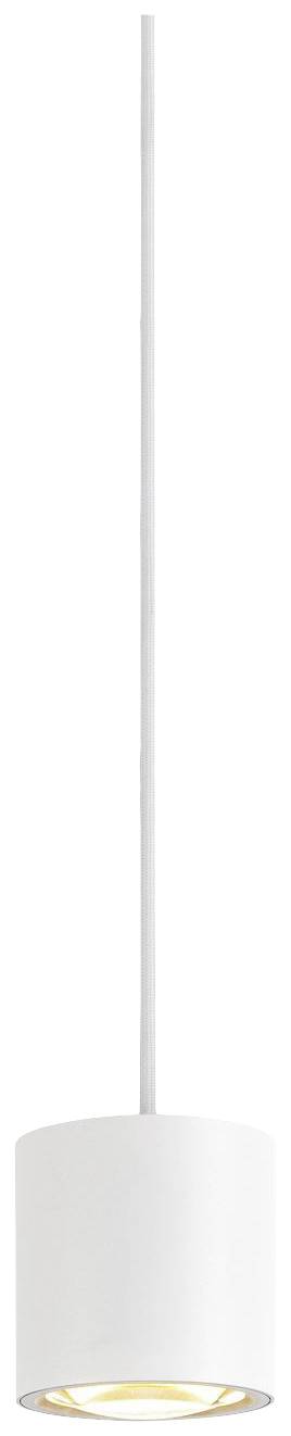 Weiße Pendelleuchte mit zylindrischem Lampenschirm an langem Kabel; modern und minimalistisch gestaltet.