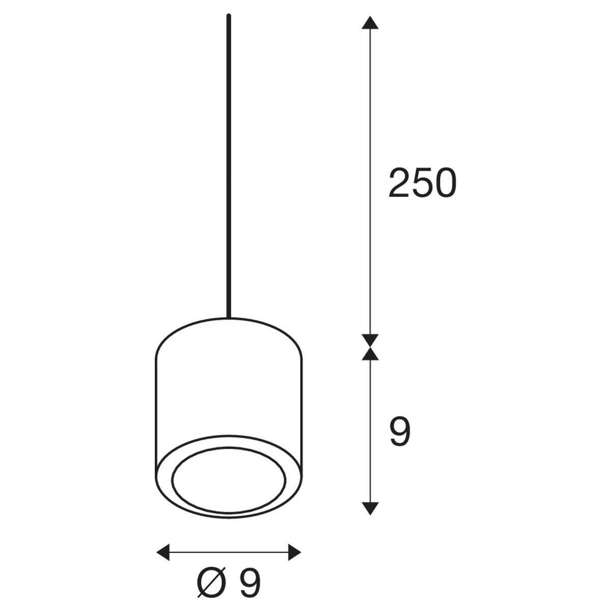 Skizze einer Pendelleuchte. Zylinderform mit einem Durchmesser von 9 cm, Gesamthöhe von 250 cm.