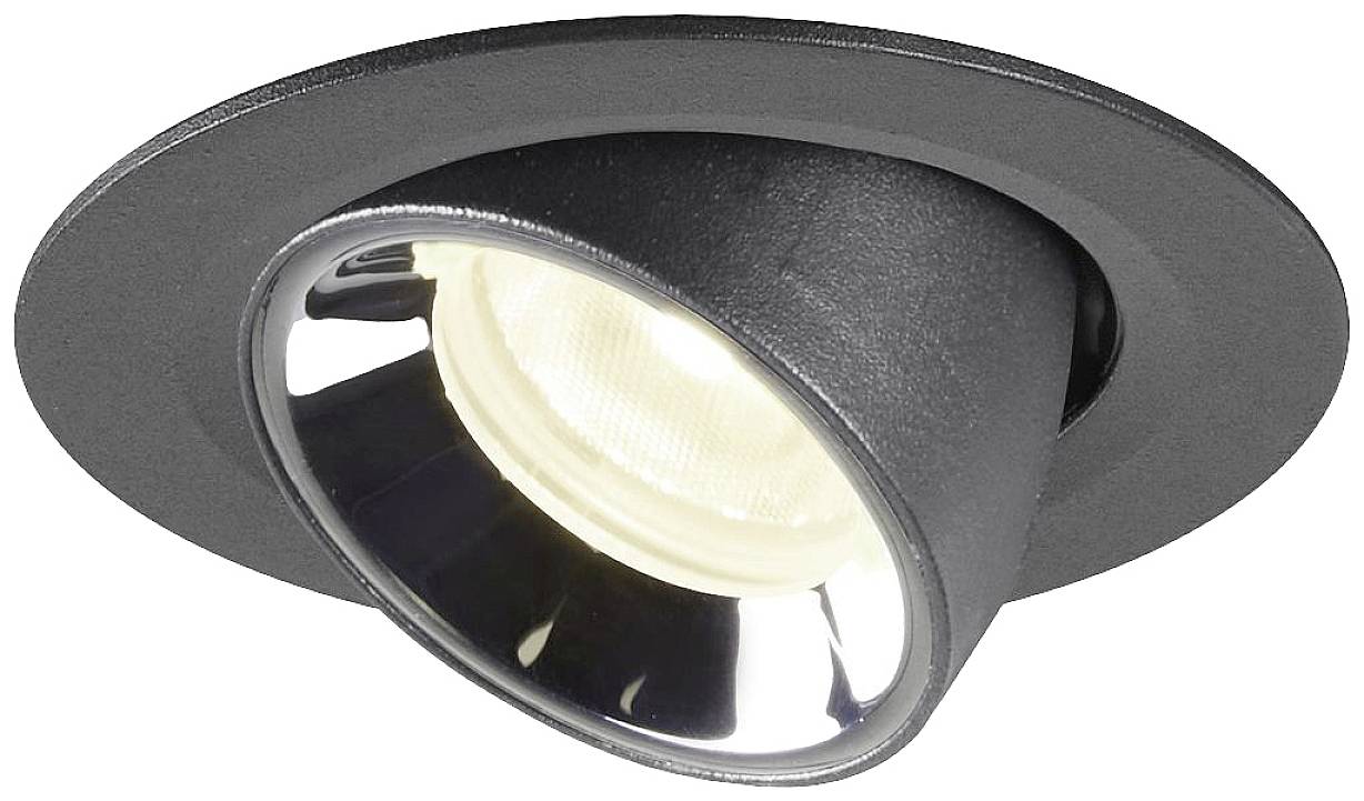 Schwarzer, schwenkbarer Einbaustrahler mit sichtbarer Innenlampe, reflektierende Oberfläche. Spot ist nach links geneigt.