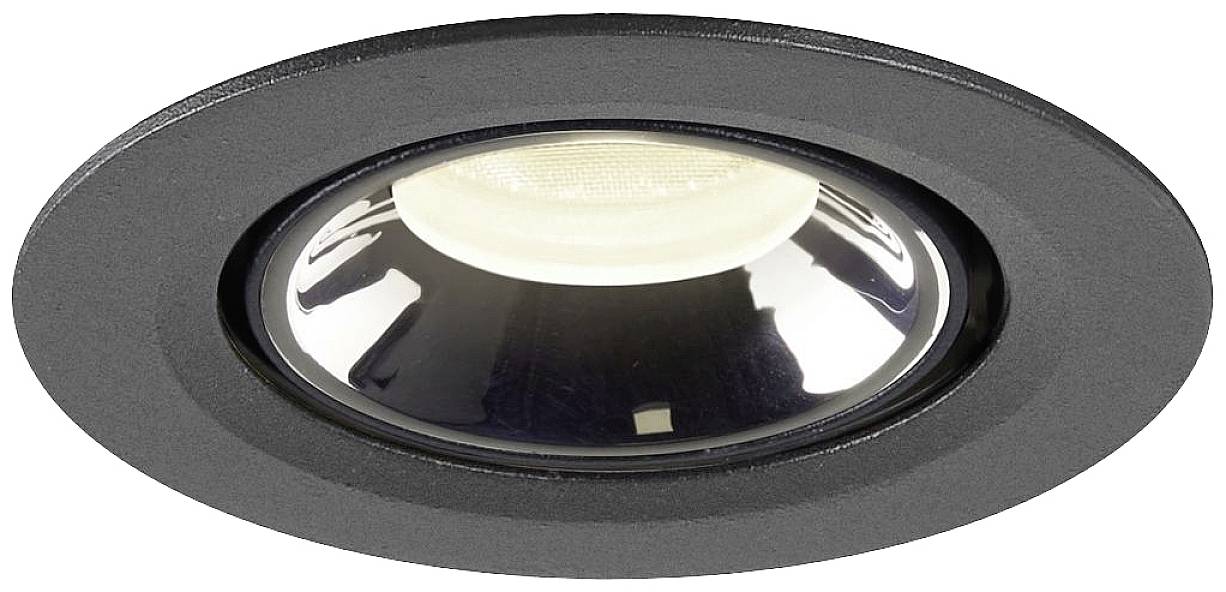 Runde, schwarze Einbauleuchte mit glänzender Oberfläche und eingebautem LED-Licht, geeignet für Deckenmontage in Innenräumen.