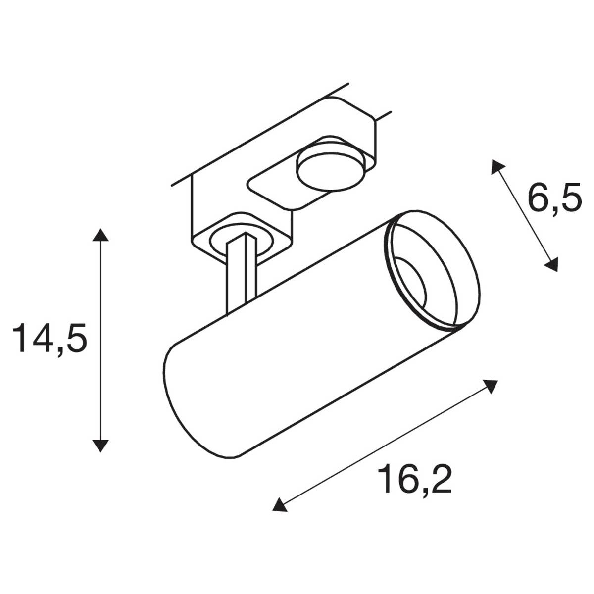 Deckenstrahler-Zeichnung mit Maßen: Höhe 14,5 cm, Tiefe 16,2 cm, Abstand zur Decke 6,5 cm. Cylinderförmiges Design.
