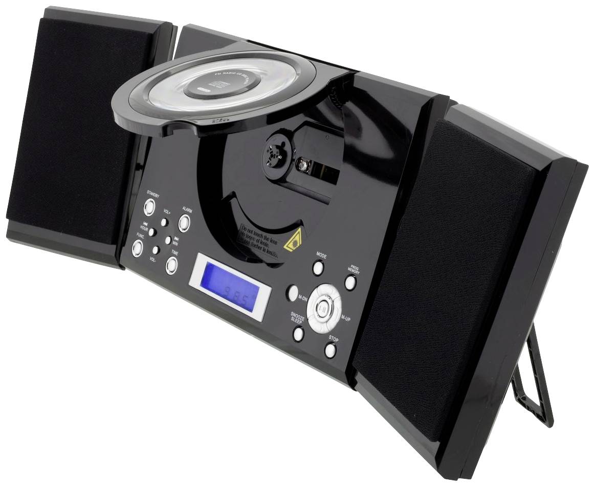 Schwarze Stereoanlage mit offenen CD-Player-Fach und zwei Lautsprechern. LCD-Display und Bedientasten vorne sichtbar.