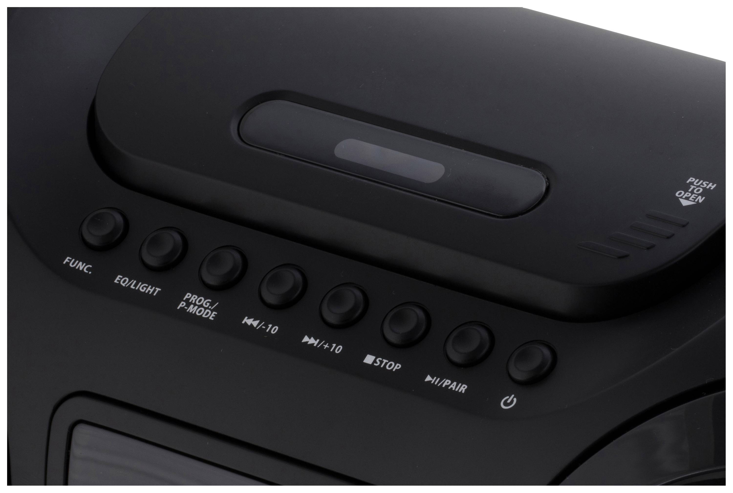 Ein schwarzes elektronisches Gerät mit Funktionstasten, darunter 'FUNC.', 'EQ', 'PROG', 'PLAY', 'STOP' und 'PAIR.'