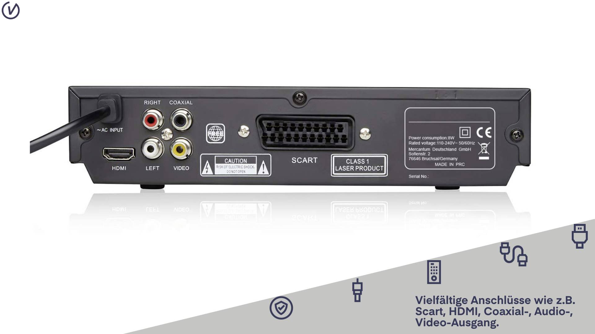 'Rückseite eines Geräts mit verschiedenen Anschlüssen, darunter SCART, HDMI, Audio/Video-Eingänge. Text: 'Vielfältige Anschlüsse'.'