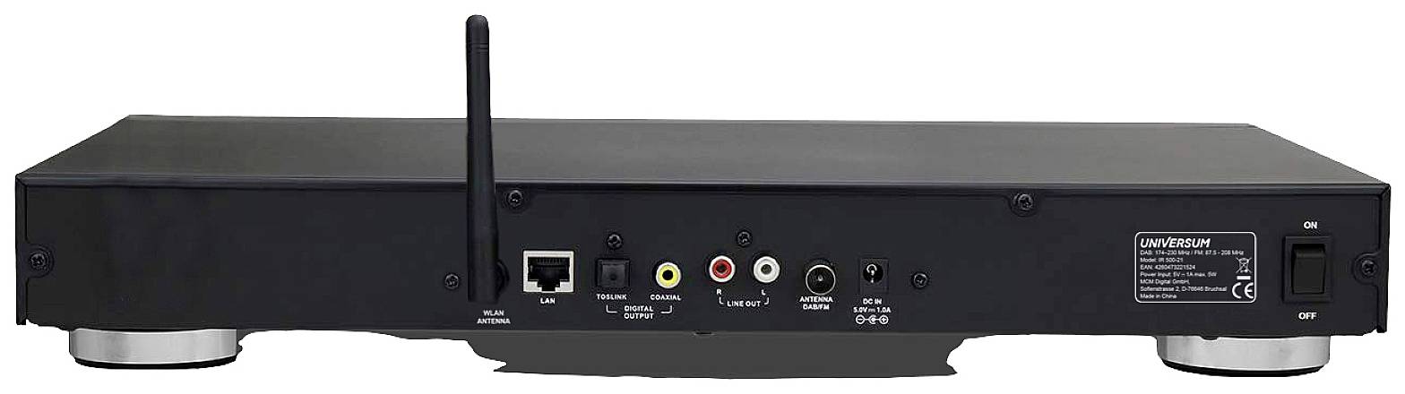 Rückansicht eines schwarzen Elektronikgeräts mit Antenne, diversen Anschlüssen und Schalter. Steckplätze sind Audio, Video und Ethernet.