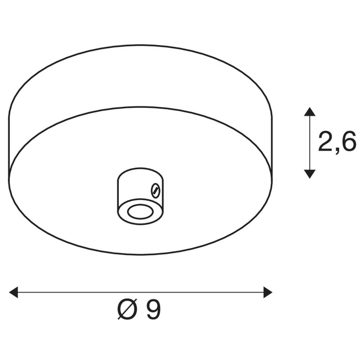 Zeichnung einer runden Deckenhalterung mit einem Durchmesser von 9 cm und einer Höhe von 2,6 cm.