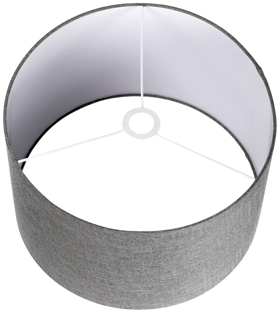Grauer runder Lampenschirm aus Stoff, von oben betrachtet. Er ist schlicht und modern designt, ideal für zeitgenössische Innenräume.