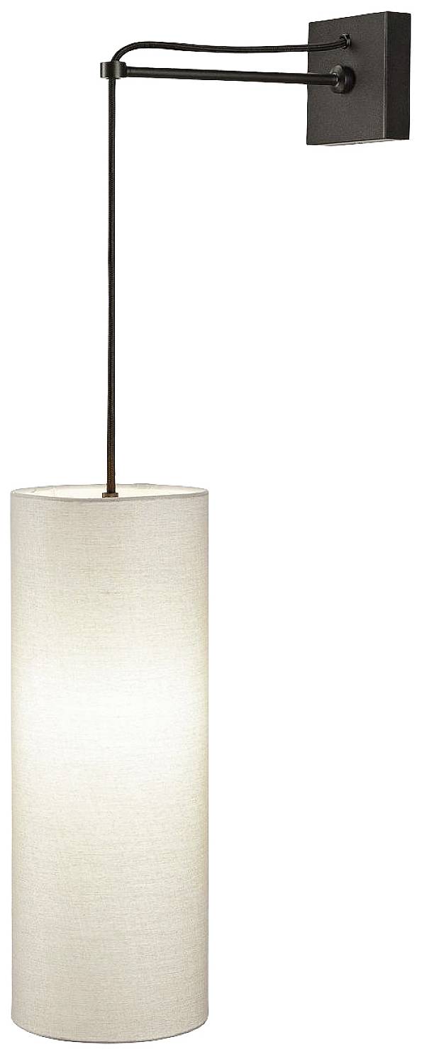 Eine moderne Wandleuchte mit zylindrischem, weißem Lampenschirm und schwarzem Metallgestell, das einen minimalistischen Stil zeigt.