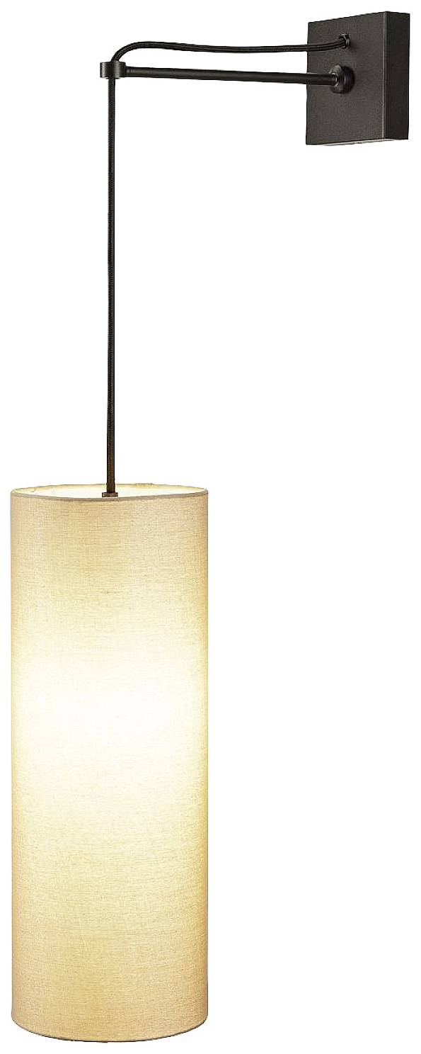 Zylindrische Wandlampe mit beigem Schirm aus Stoff, schwarz lackiertes Metallgestell, an der Wand befestigt.