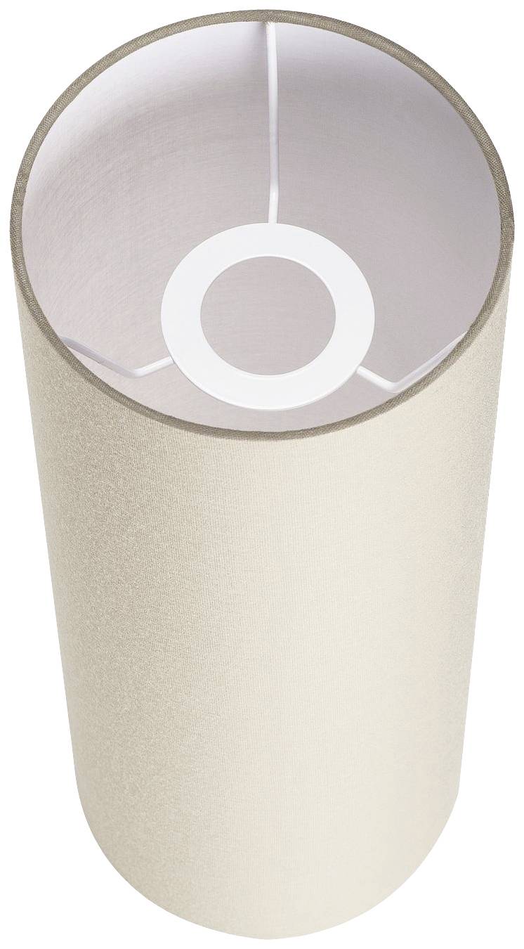 Ein zylindrischer Lampenschirm in beige, Draufsicht, zeigt die strukturierte Außenseite und das kreisförmige Innenmuster.